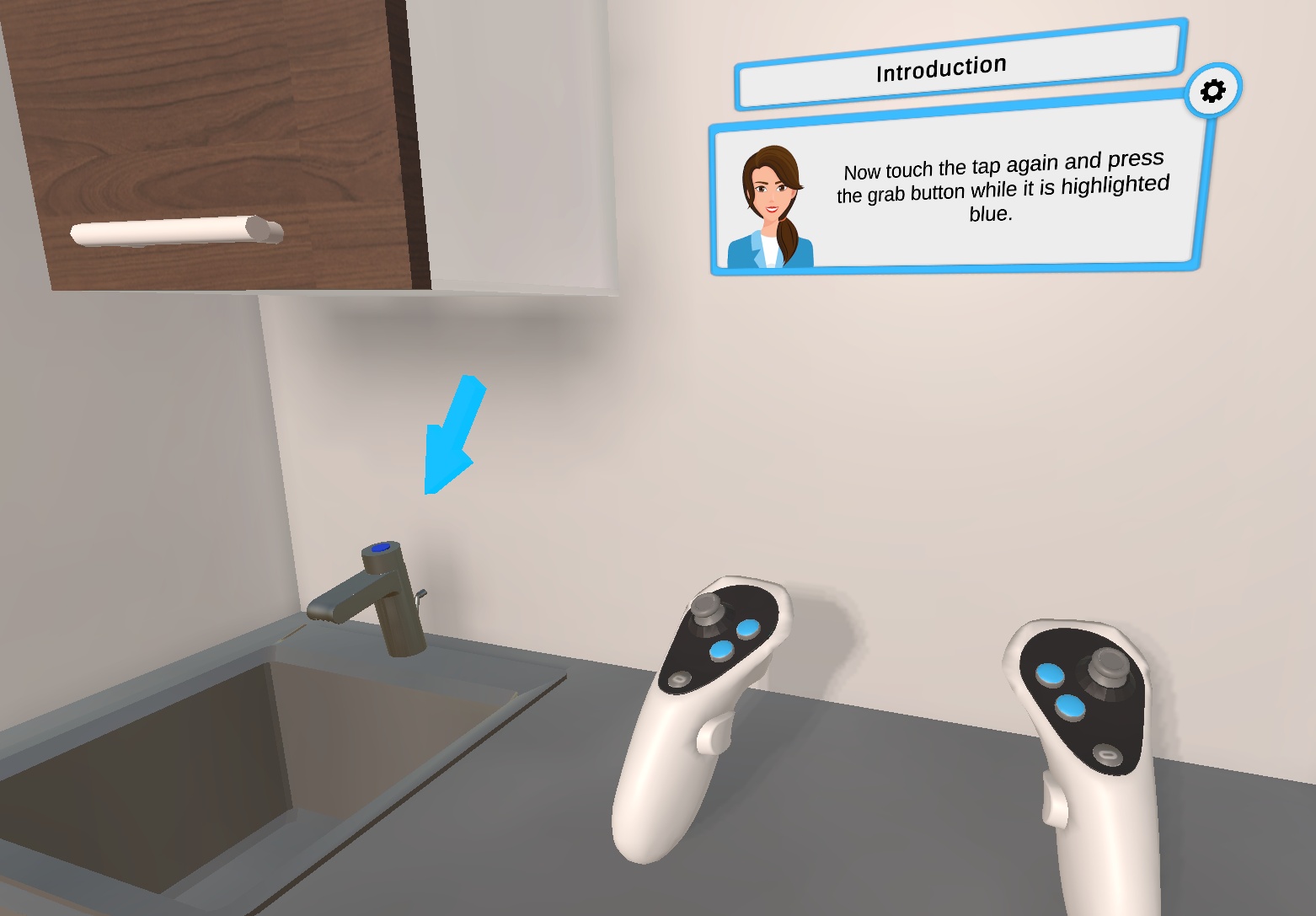 VR controllers in front of a sink with a coach panel: now touch the tap again and press the grab button