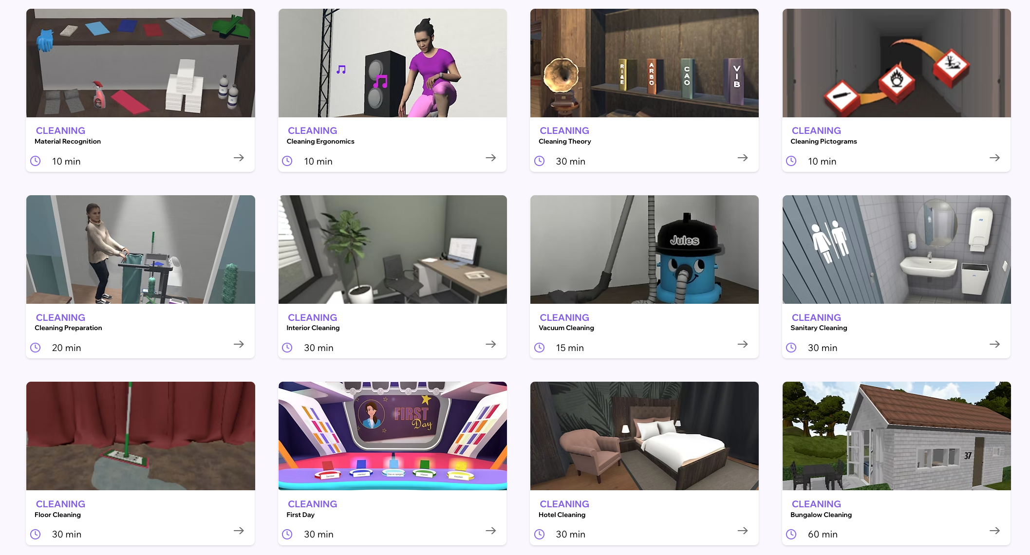 Overview of twelve standard FacilityApps VR training modules shown as tiles; names are listed beside the image