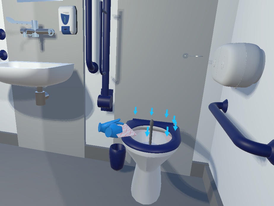 Accessible hospital toilet in VR with arrows marking the areas to clean