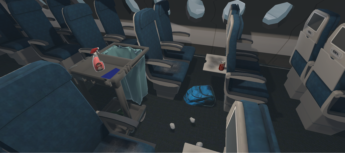 VR aircraft cleaning training: cabin with seats, litter and a cleaning trolley