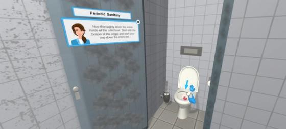 Cleaning Workx Periodic Sanitary module: cleaning a toilet bowl with gloves and on-screen instruction