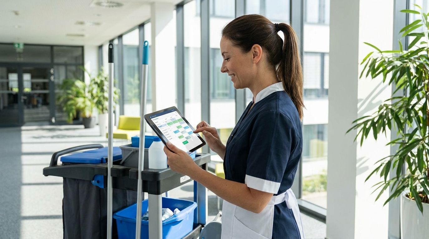 Cleaner checking a work schedule on a tablet next to a cleaning trolley in an office corridor