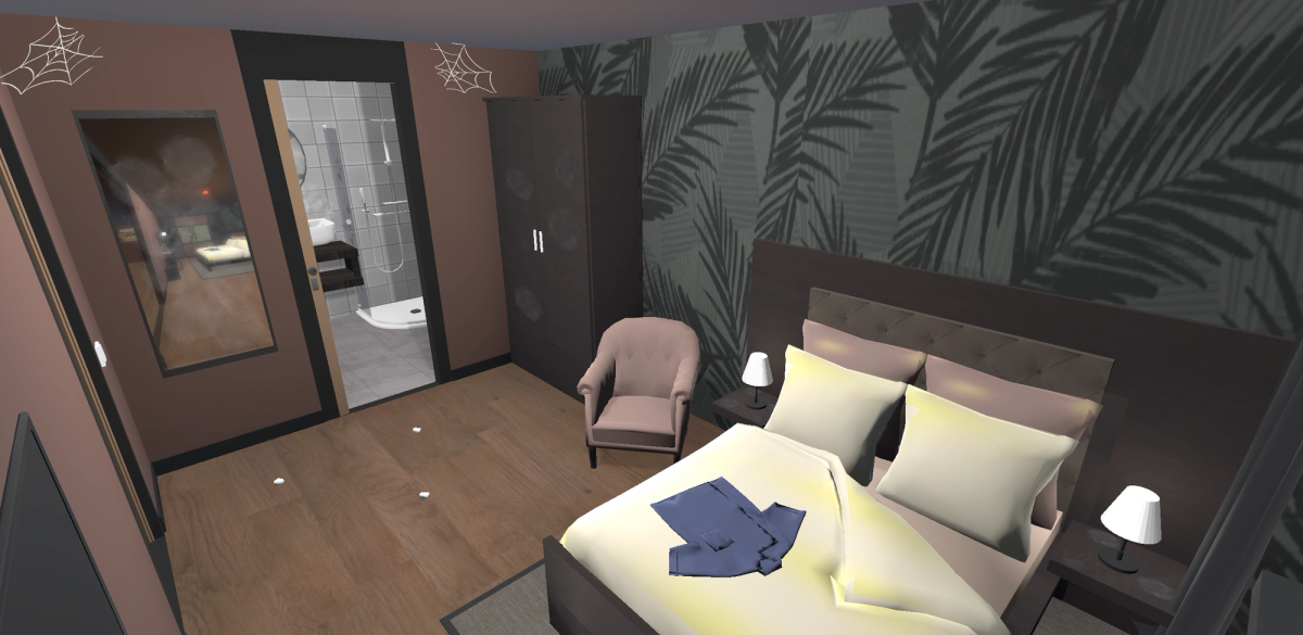 VR hotel cleaning training: guest room with unmade bed and bathroom