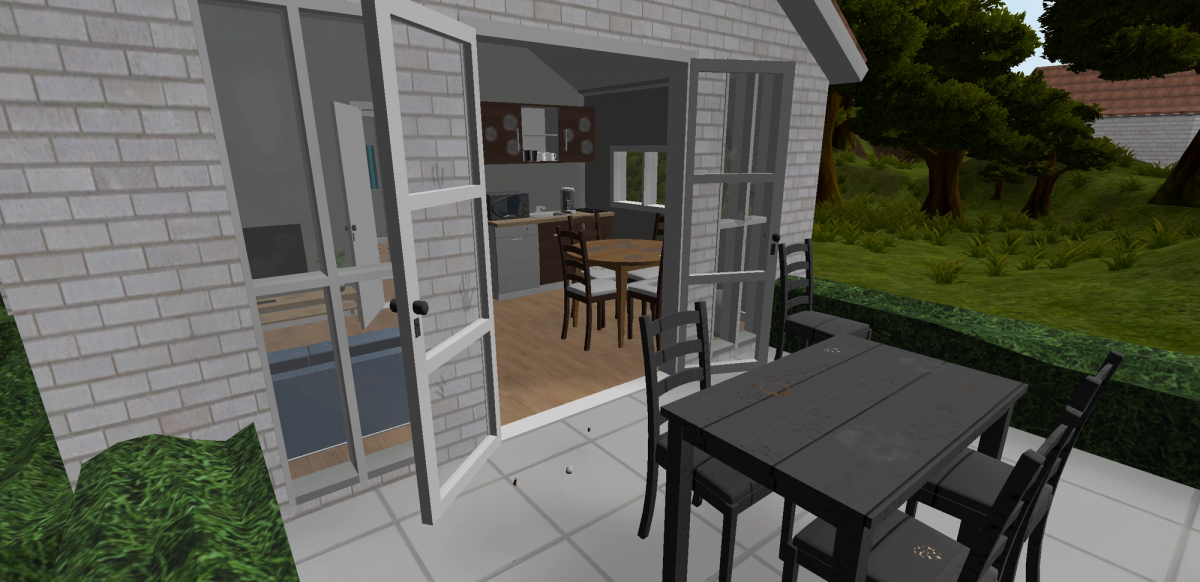 VR bungalow cleaning training: terrace and kitchen of a holiday home