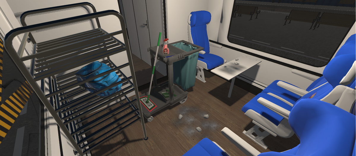 VR-training treinreiniging: interieur van een rijtuig met schoonmaakwagen, vuil en tafels