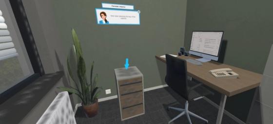 Cleaning Workx Periodic Interior module: cleaning the top of a cabinet in a virtual office environment