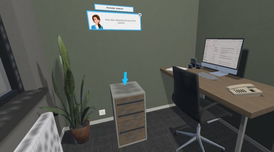 Cleaning Workx Periodic Interior module: cleaning the top of a cabinet in a virtual office environment