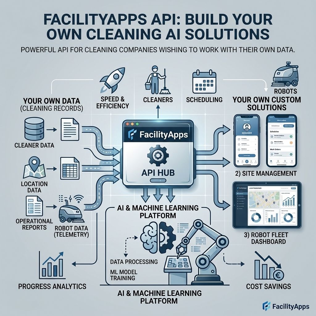 Infographic of the FacilityApps API Hub: your cleaning data in, your own AI solutions out