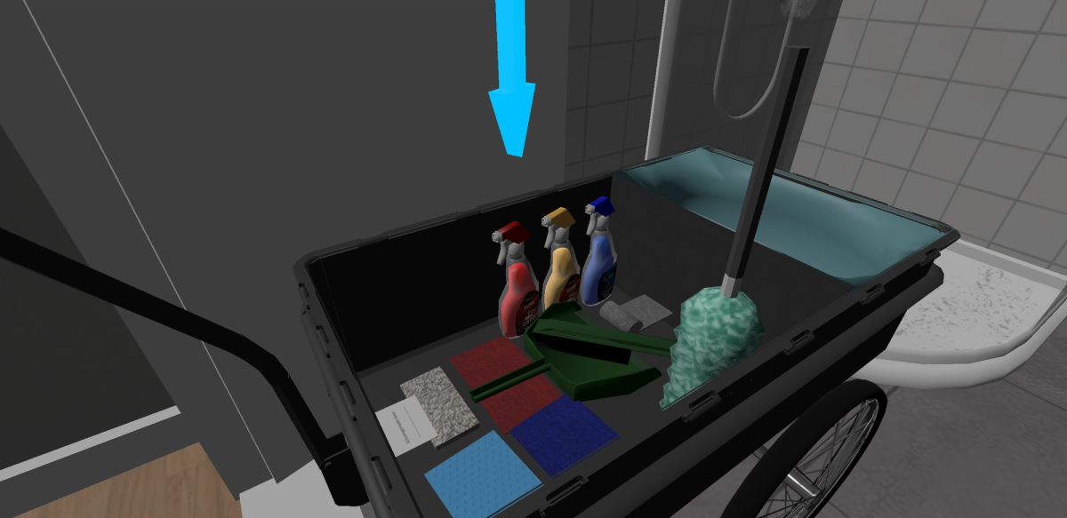 VR bungalow cleaning training: trolley with colour-coded cloths
