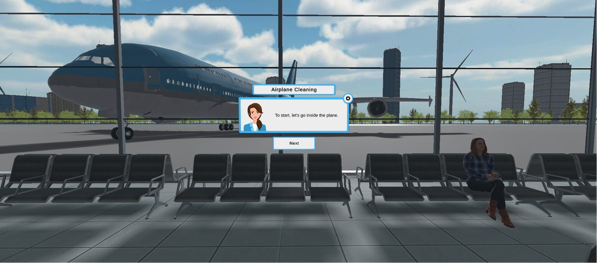 VR aircraft cleaning training: terminal looking out at an aircraft on the apron