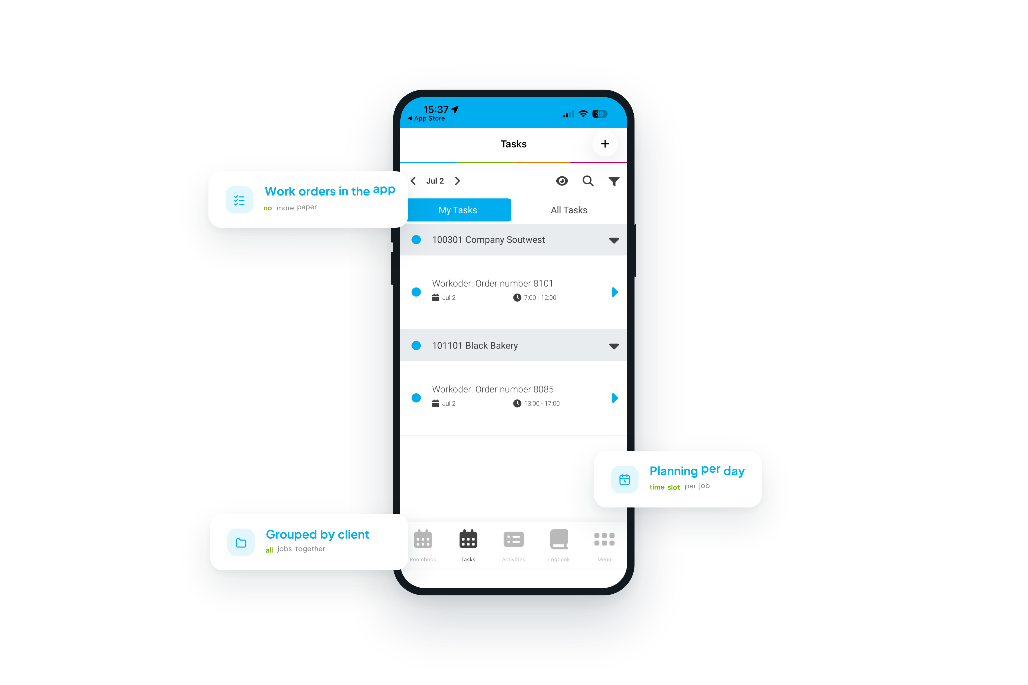 Work orders in the app: no more paper, grouped by client, with daily planning
