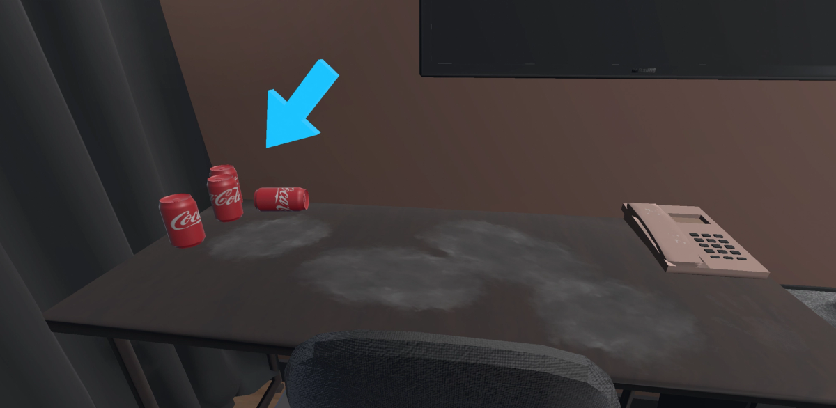VR hotel cleaning training: guest belongings on a stained desk