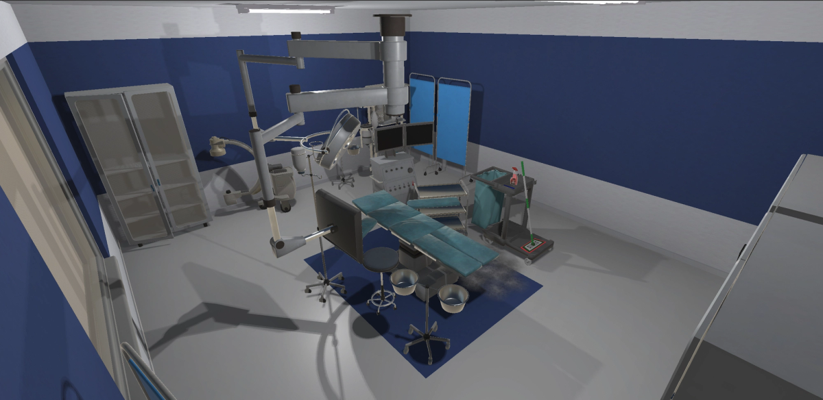 VR cleanroom training: high-care room with table and cleaning materials