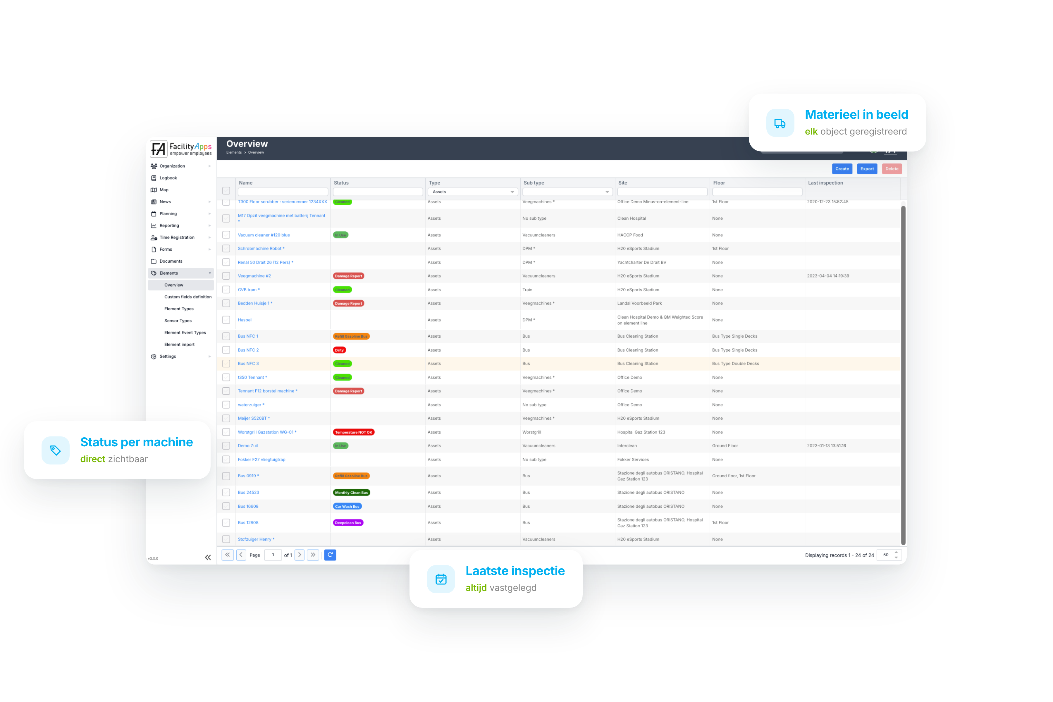 Vlootbeheer-dashboard: overzicht van materiaal, locatie en status
