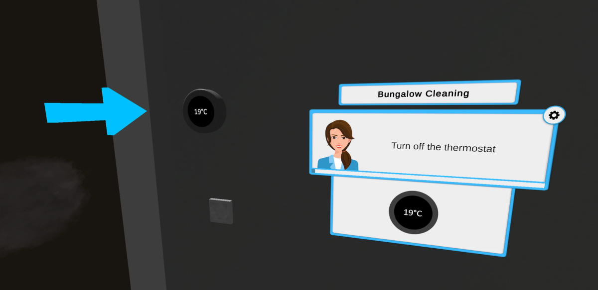 VR bungalow cleaning training: turning off the thermostat as a final step