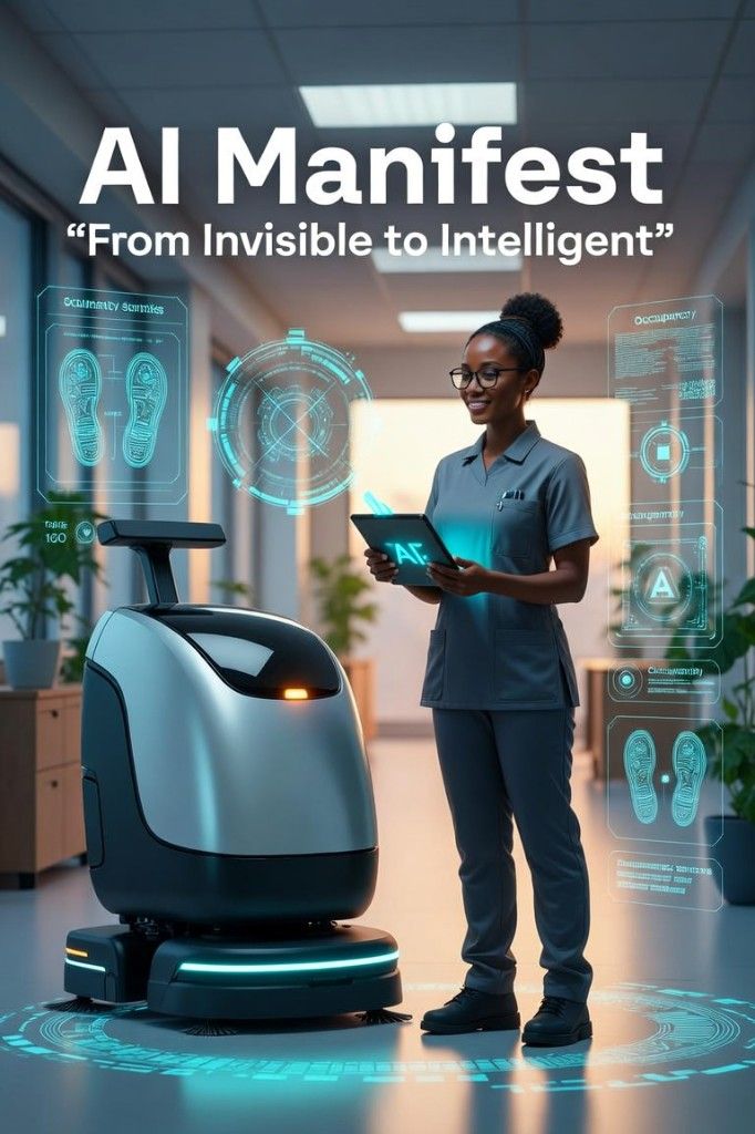 AI Manifest cover: From Invisible to Intelligent, with a cleaner and an AI cleaning robot